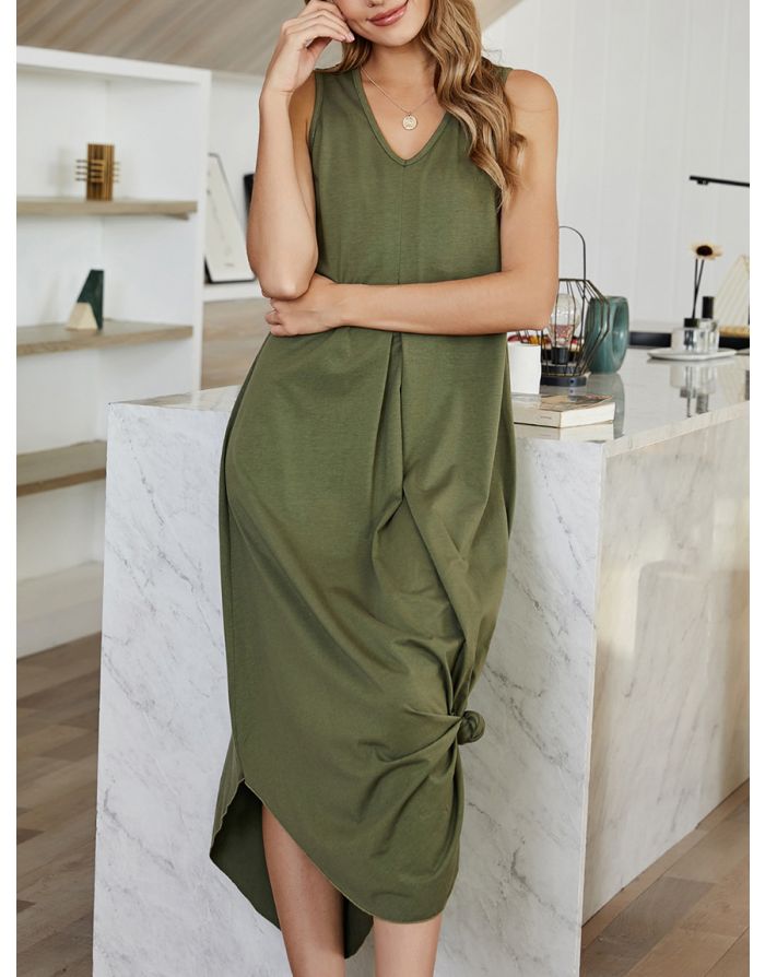 Summer Dress Women Sleeveless V-Neck Solid Color Vest Dress Irregular Loose Casual Long Dresses