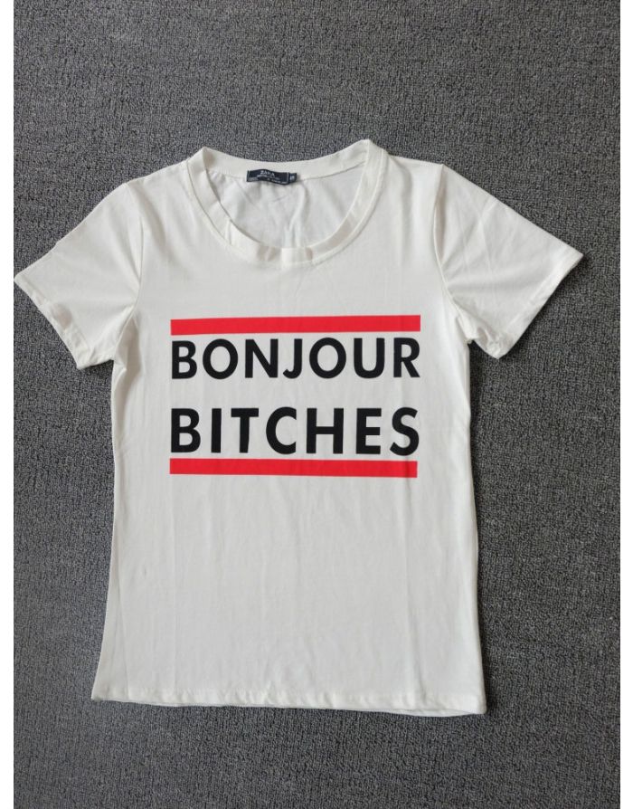 Women Double Red Lines Letters Printed Casual Cotton Short Sleeve T-shirt
